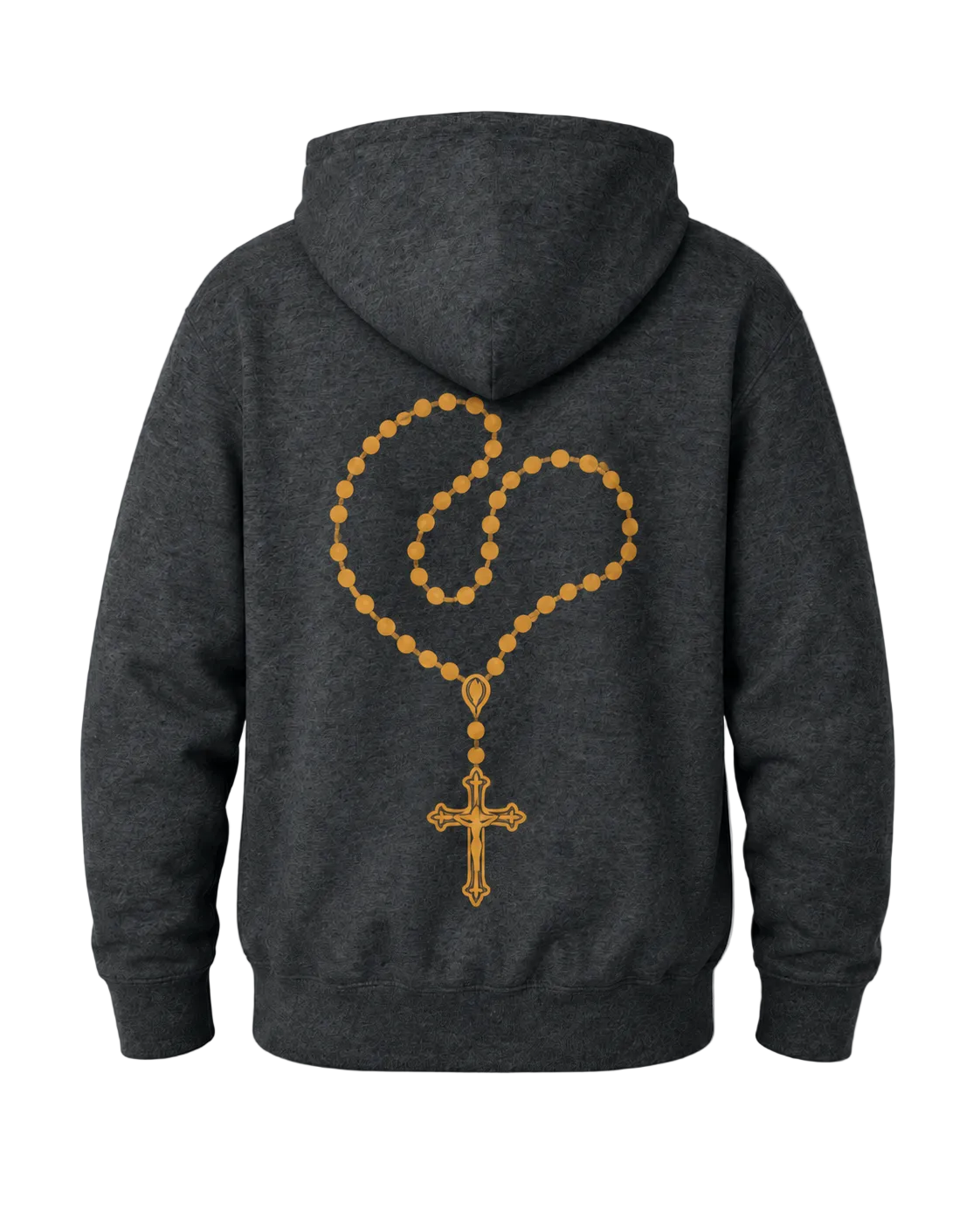 A dark heather gray hoodie shown from the back, featuring a large graphic of a gold rosary with a cross printed on the center back.