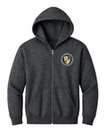 A dark heather gray zip-up hoodie with a front pocket and a circular embroidered crest on the left chest, displayed against a light gray background.