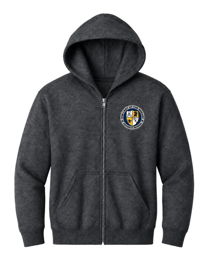 A dark heather gray zip-up hoodie with a front pocket and a circular embroidered crest on the left chest, displayed against a light gray background.