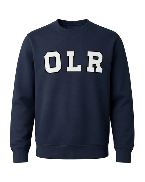 A navy blue crewneck sweatshirt featuring the letters 'OLR' in white varsity block font with black outlines across the chest, displayed on a neutral gray background.