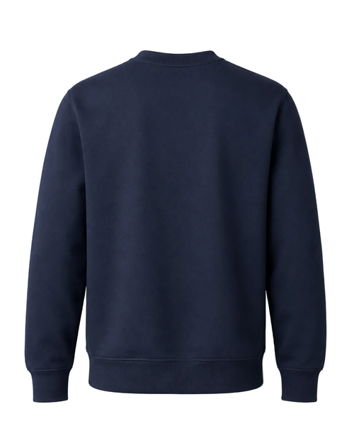 A navy blue crewneck sweatshirt shown from the back, photographed on a neutral gray background.
