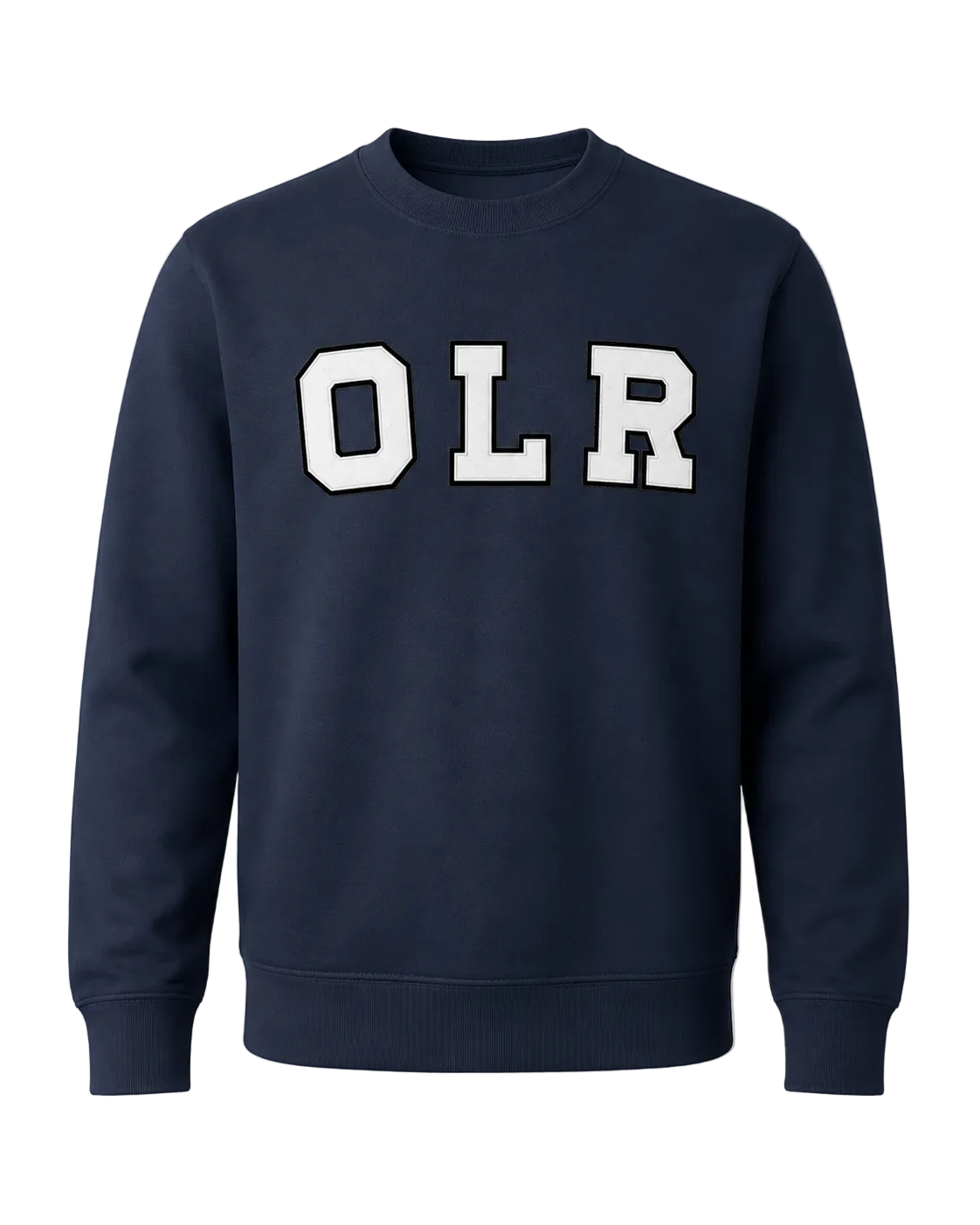 A navy blue crewneck sweatshirt featuring the letters 'OLR' in white varsity block font with black outlines across the chest, displayed on a neutral gray background.