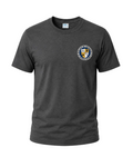 A dark gray heather crewneck t-shirt with a circular crest printed on the left chest, displayed on a light gray background.