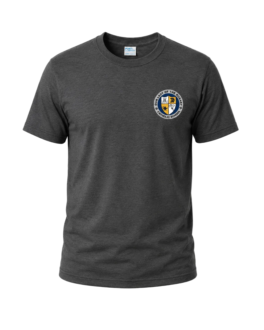 A dark gray heather crewneck t-shirt with a circular crest printed on the left chest, displayed on a light gray background.