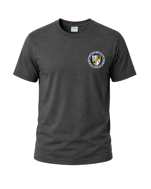 A dark gray heather crewneck t-shirt with a circular crest printed on the left chest, displayed on a light gray background.