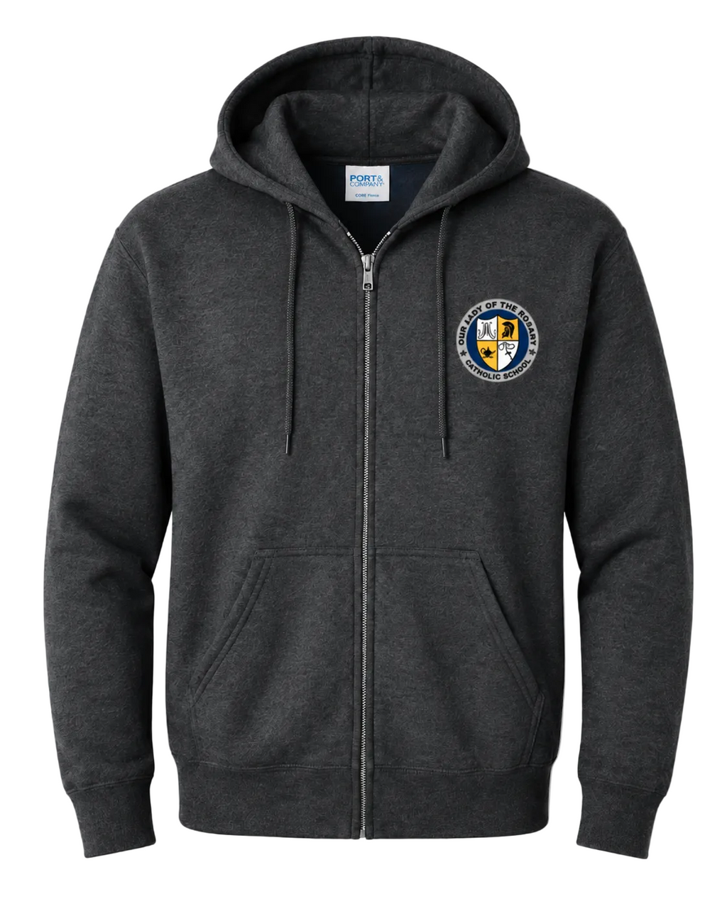 A dark heather gray zip-up hoodie with a drawstring hood and front pockets, featuring a circular school crest on the left chest. The brand label inside the collar reads POLICE.