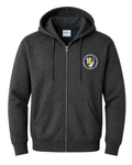 A dark heather gray zip-up hoodie with a drawstring hood and front pockets, featuring a circular school crest on the left chest. The brand label inside the collar reads POLICE.