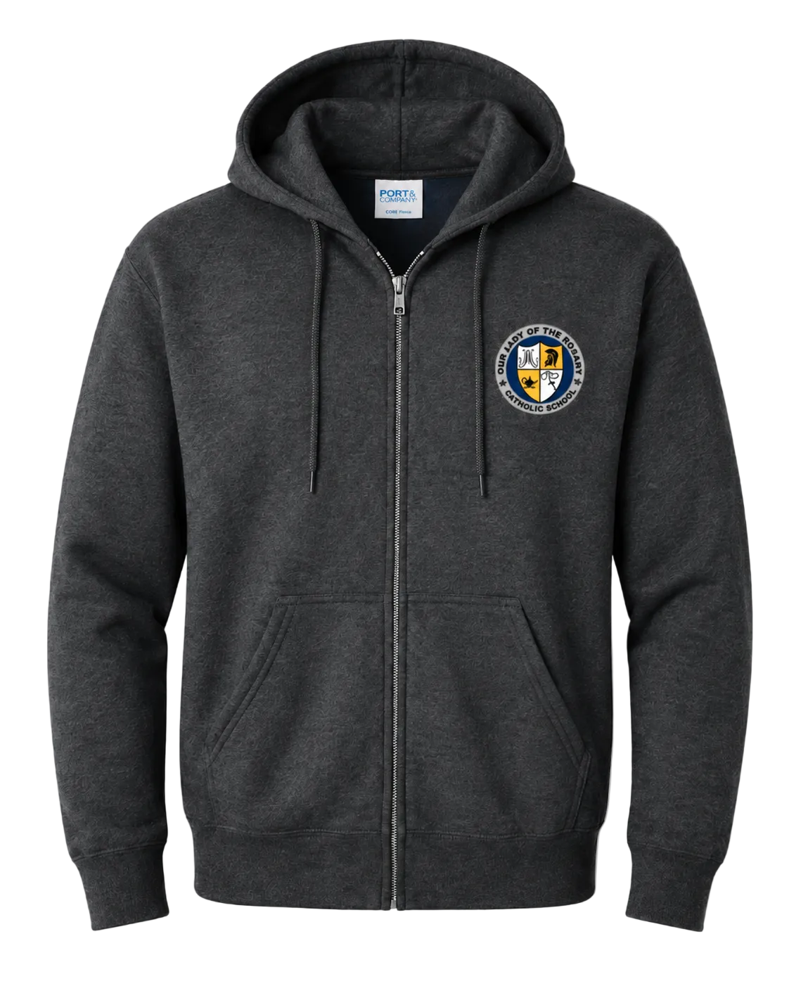 A dark heather gray zip-up hoodie with a drawstring hood and front pockets, featuring a circular school crest on the left chest. The brand label inside the collar reads POLICE.