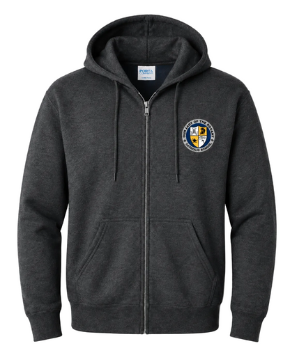 A dark heather gray zip-up hoodie with a drawstring hood and front pockets, featuring a circular school crest on the left chest. The brand label inside the collar reads POLICE.