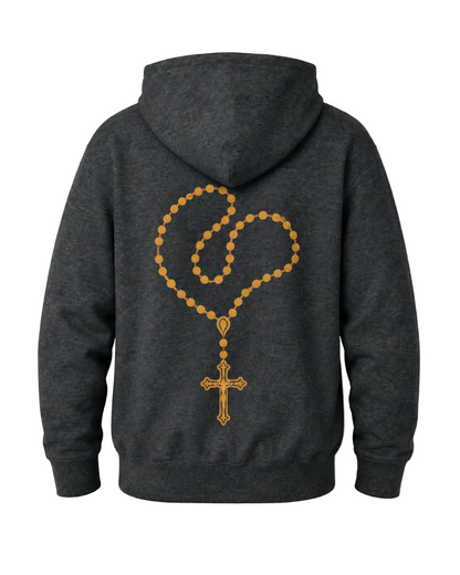 A dark heather gray hoodie shown from the back, featuring a large graphic of a gold rosary with a cross printed on the center back.