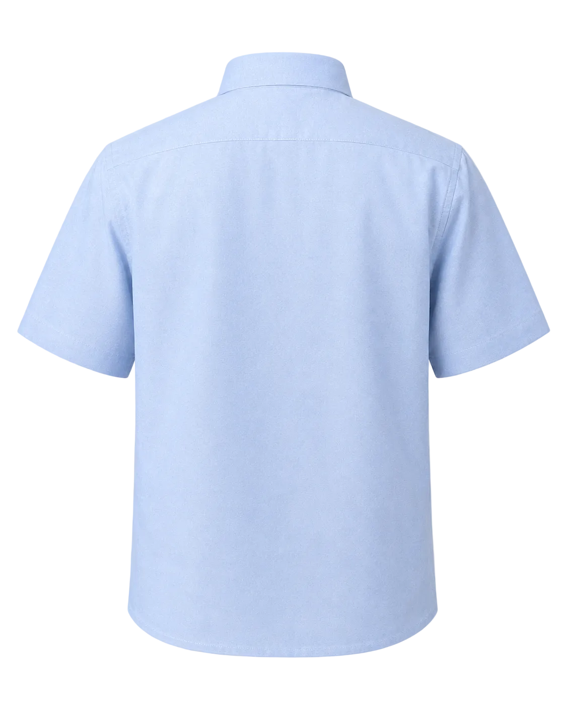 A light blue short-sleeve button-down shirt shown from the back, displayed on a neutral light gray background.