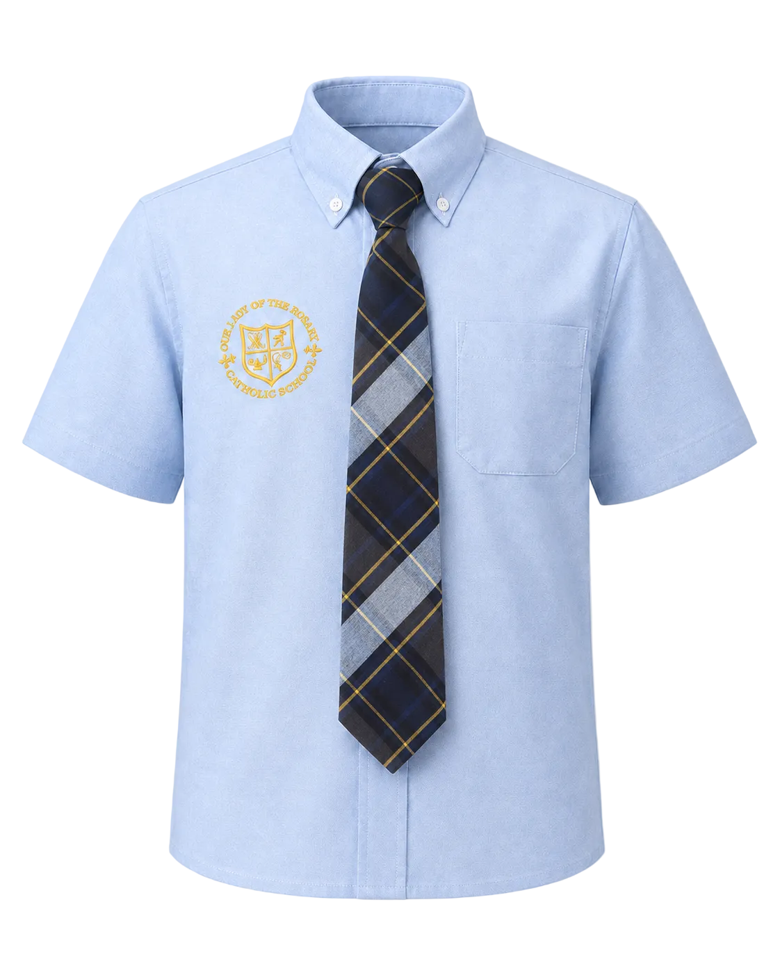 A light blue short-sleeve button-down school uniform shirt with a gold crest embroidered on the left chest, styled with a navy, gray, and gold plaid tie, shown on a neutral light gray background.