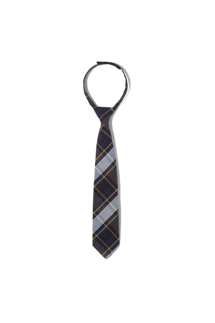 A boys' adjustable necktie with a checkered pattern in multiple colors.