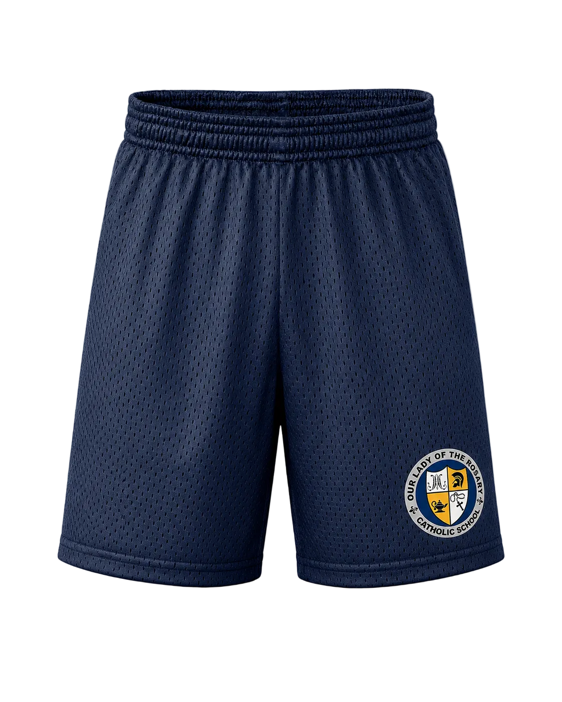 Navy blue mesh athletic shorts with an elastic waistband and a circular club crest on the lower left leg, displayed on a light gray background.