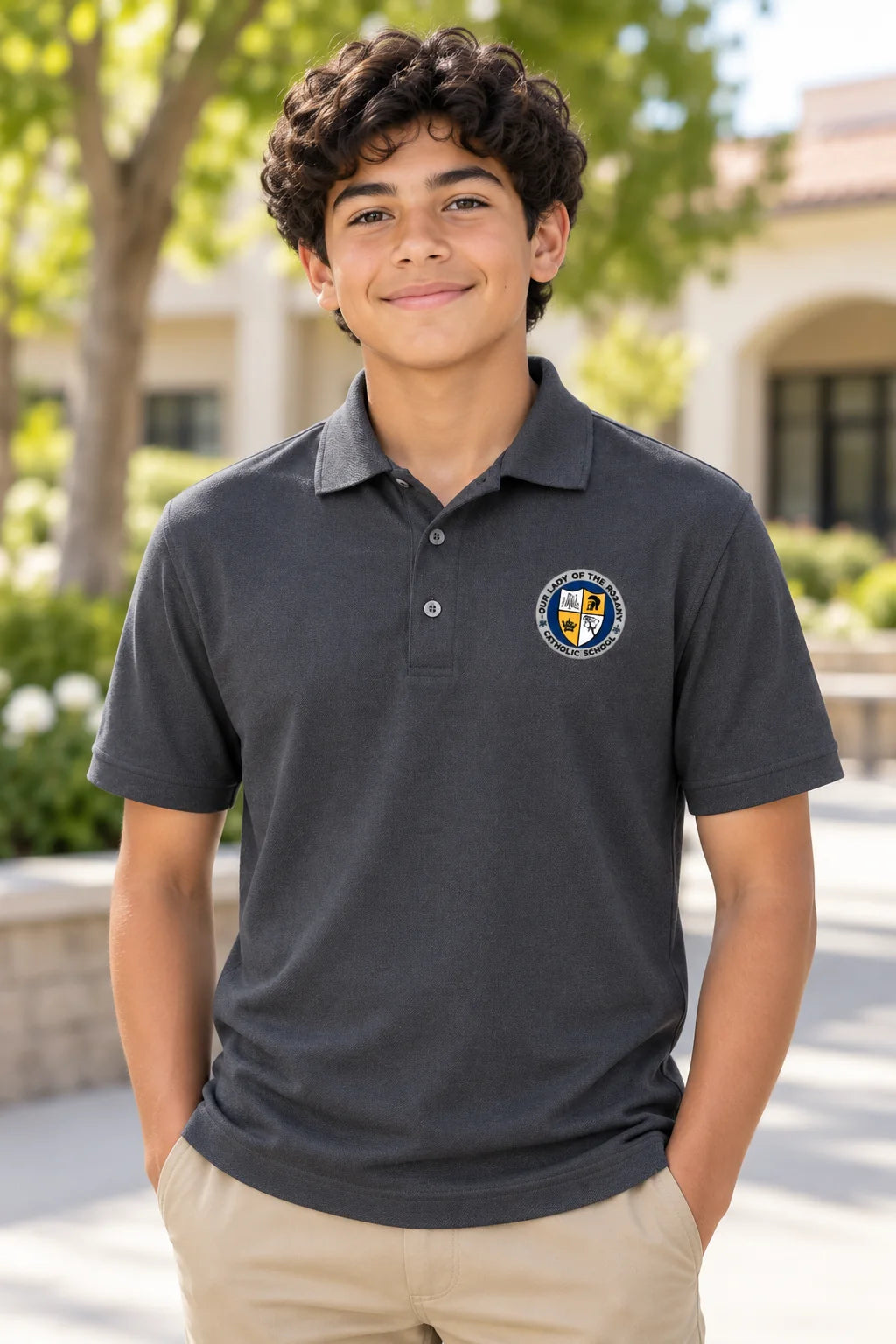 OLR student wearing the charcoal Boys Uniform polo